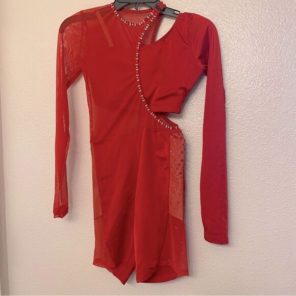 The Line up solo dance costume 2 piece red rhinestone custom CARLSBAD leotard SA - Picture 1 of 11